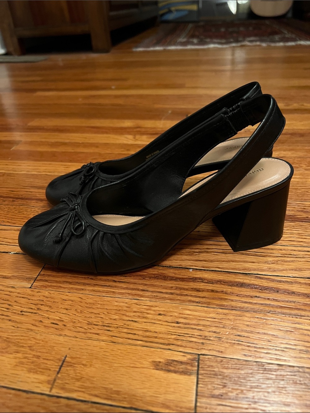 Anthropologie Black Leather Slingback Mules with Bow Accent - Picture 2 of 3
